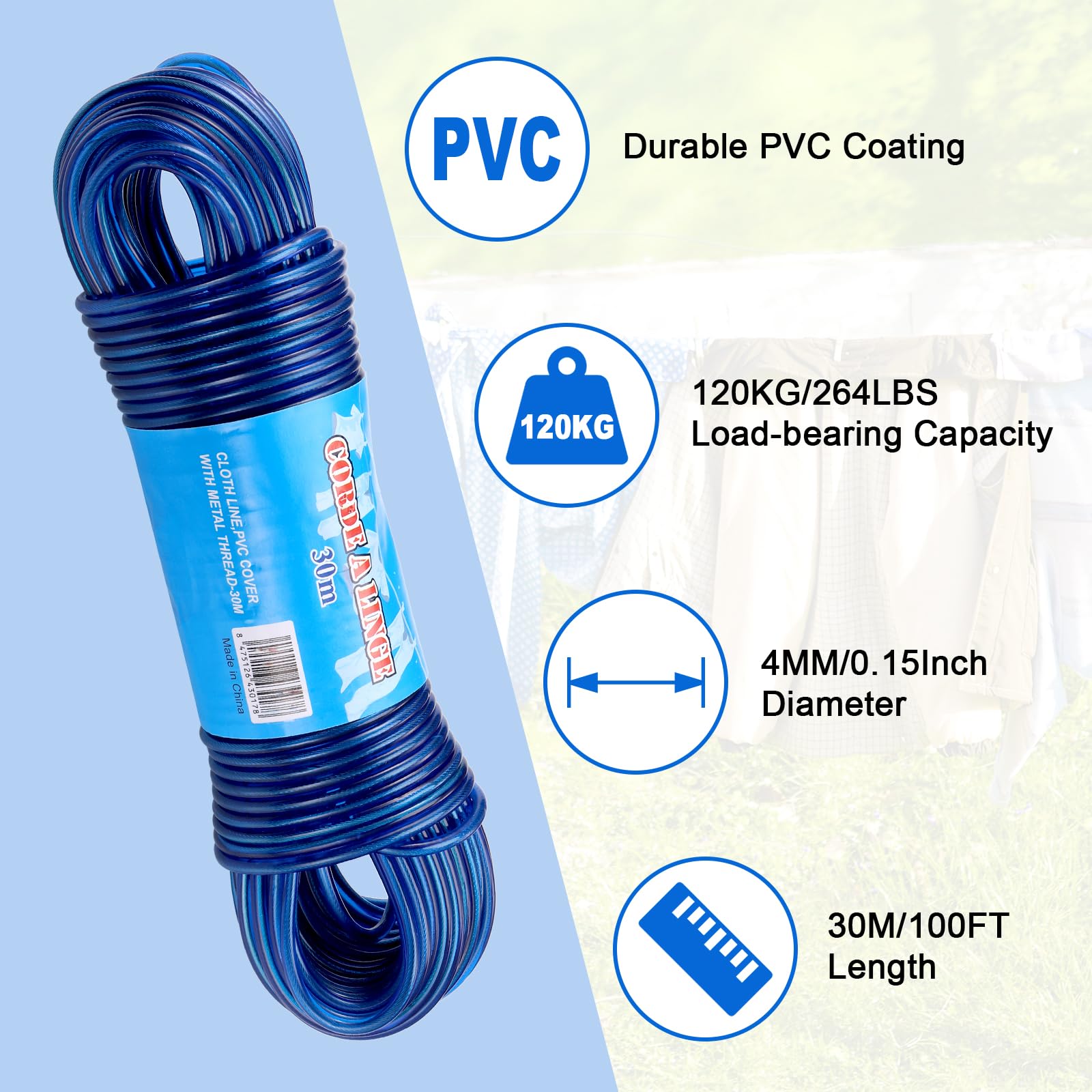 Yimomoyi 30m Washing Line Rope, Heavy Duty Clothes Line Steel Core, Strong String 4mm Dia Clotheslines - Image 2