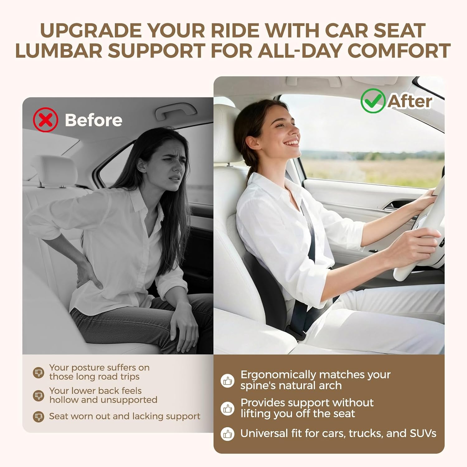 BEBAS Lumbar Support Pillow for Car, Memory Foam Lower Back Support for Driving, Ergonomic Lumbar Cushion for Back Pain Relief, Fixed Ring Lumbar Pillow for Car Seat, Office Chair- Black