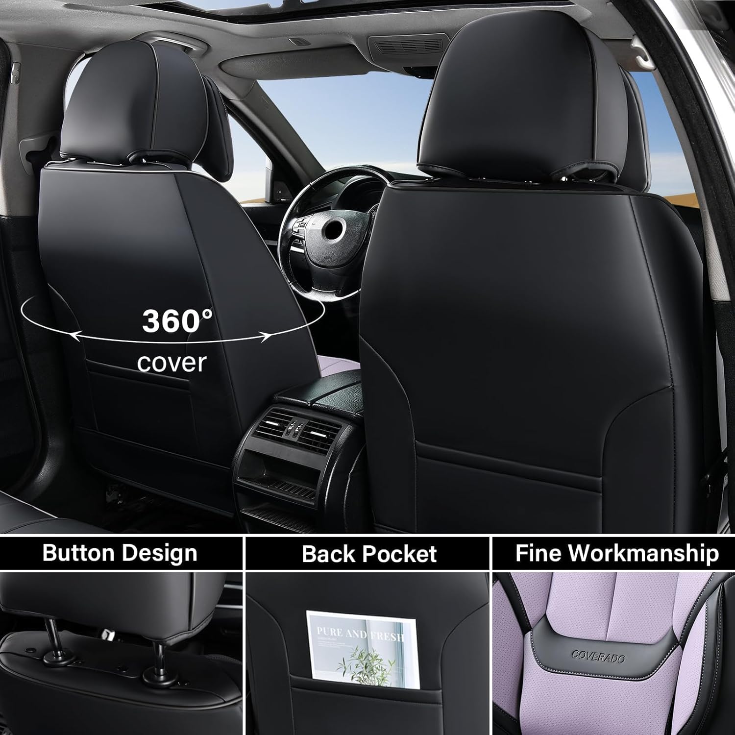 coverado universal seat covers full set, 5 seats universal seat covers for cars, waterproof nappa leather car seat covers with head pillow, auto protectors fit for most suv pick-up truck-black&purple black&purple(pillow) fullset