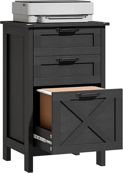 HOMCOM 3 Drawer File Cabinet Printer Stand Silent Slides Distressed Black | Vertical Filing Cabinet for Hanging A4/Letter Size, Rustic Farmhouse Printer Stand with Storage, Home Office