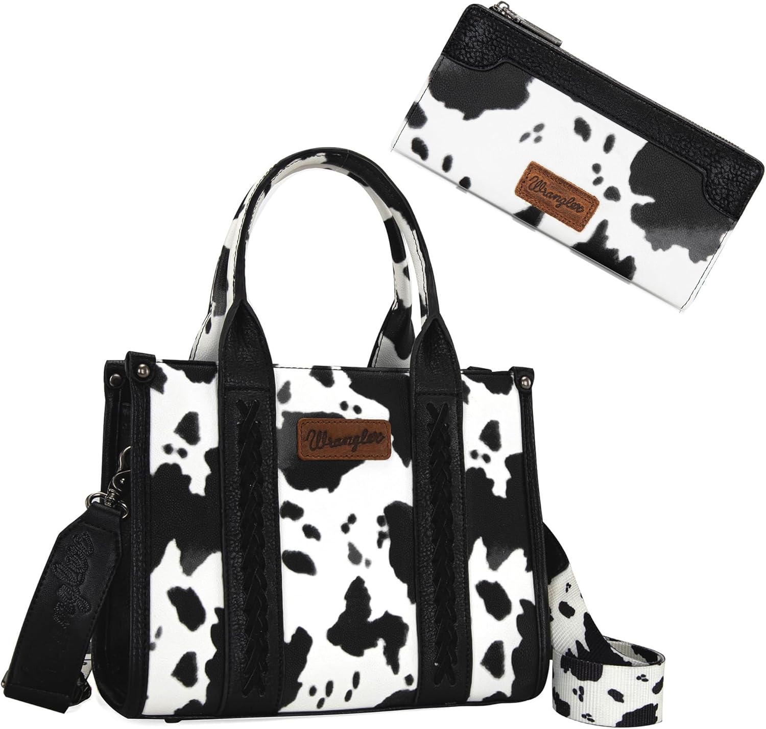 Wrangler Black Cow Print Tote Handbag and Bifold Credit Card Wallet Set