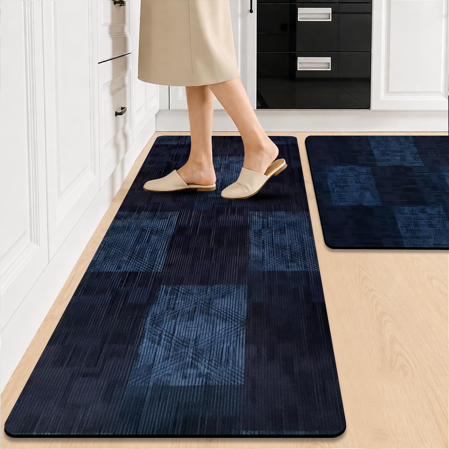 SITTELLA Rubber 2 Kitchen Mats Set, Anti-Skid Kitchen Mats 3.5mm, Water Absorbent Rug, Carpets, Floor Mat for Home and Kitchen (120x40cm & 40x60cm) Blue Checks, Rectangular-image-46