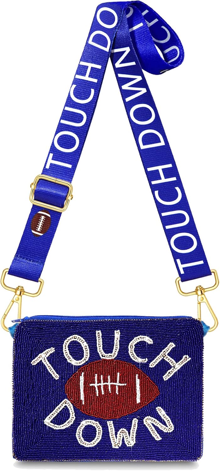 Game Day Beaded Purse for Women White Blue Football Purse Sports Crossbody Shoulder Bag Football Mom Accessories Outfits Gift
