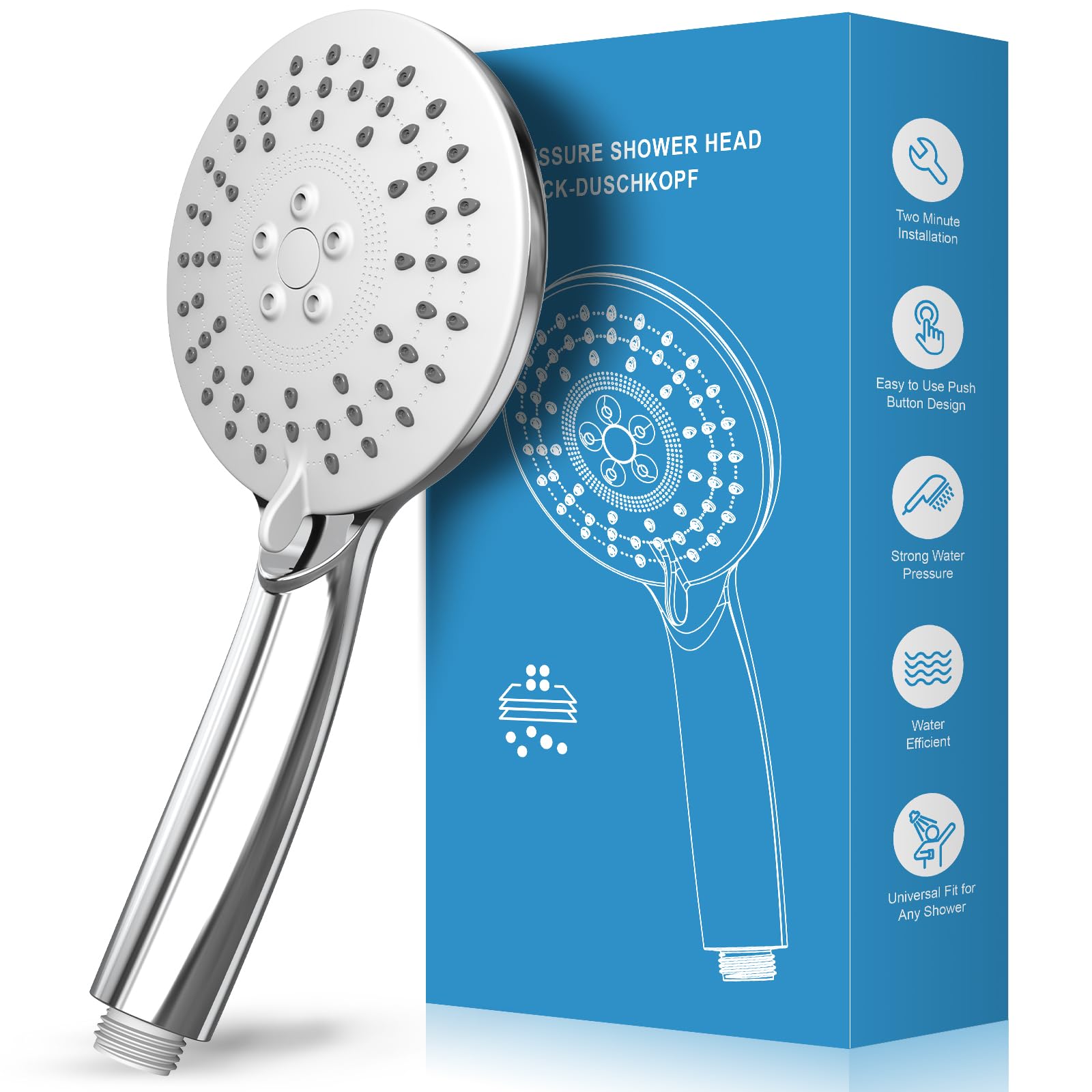 SURFOU High Pressure Shower Head, Shower Head and 3 Jet Types, Water-Saving Shower Head Anti-Limescale Water Pressure Strong Jet for Removing Hard Water, Residual Chlorine ⟮G1/2⟯