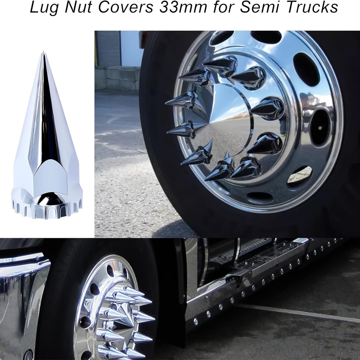 33mm Chrome Front Axle Wheel Cover Set for Semi Trucks ABS Plastic Wheel Hub Caps with Screw-On Lug Nut Covers 2 Front Axle Wheel Hubcaps (Spiked)