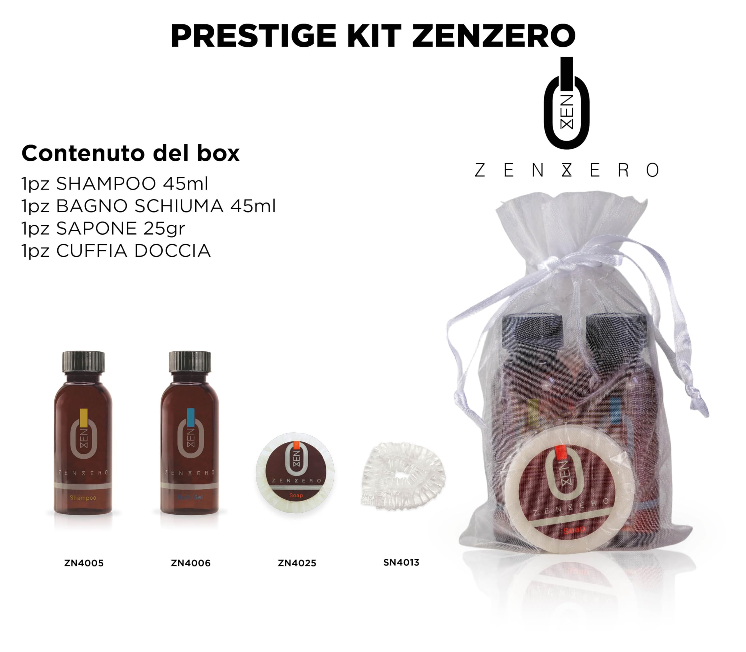 PRESENT-MORE - Set de courtoisie 15 invités gingembre - Parfum gingembre et citron - Contient : shampooing, gel douche, savon et bonnet - Pour hôtel et B & B