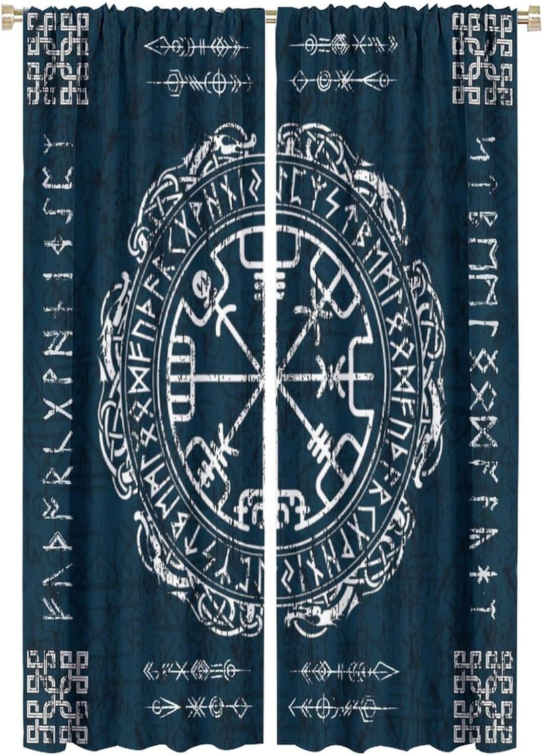 Retro Ancient Vikings Blackout Curtains for Bedroom, Rustic Norse Mythology Mystical Symbol Print Rod Pocket Thermal Insulated Room Darkening Curtains Window Drapes 2 Panels 63" L x 21" W