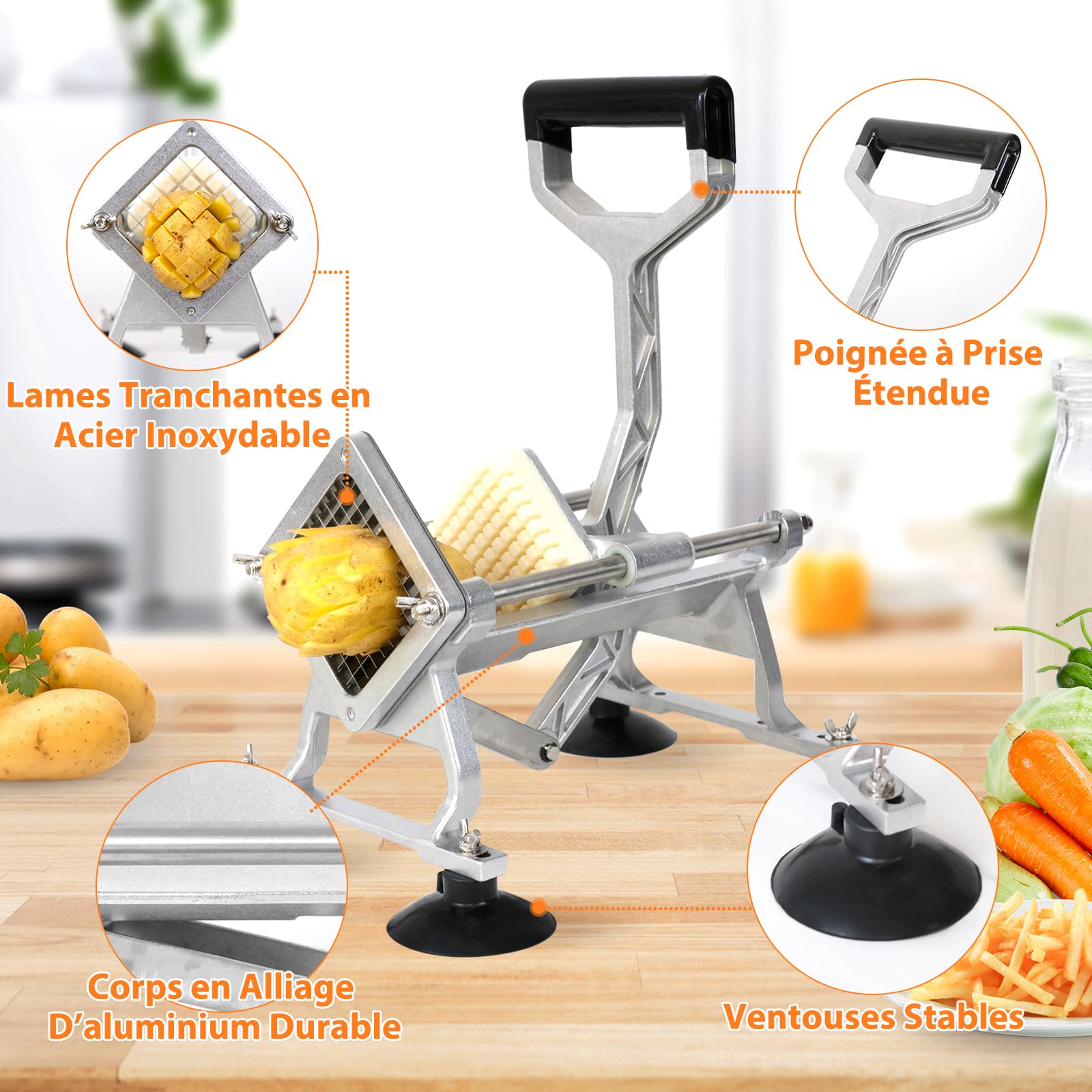 Anatole Coupe-Frites Professionnel avec 6mm 9mm 13mm 8-Coin Lames en Acier Inoxydable Coupe Pommes de Terre Frites Manuel Trancheuse de Légumes Commerciale avec Ventouses pour Carotte Oignon Pomme