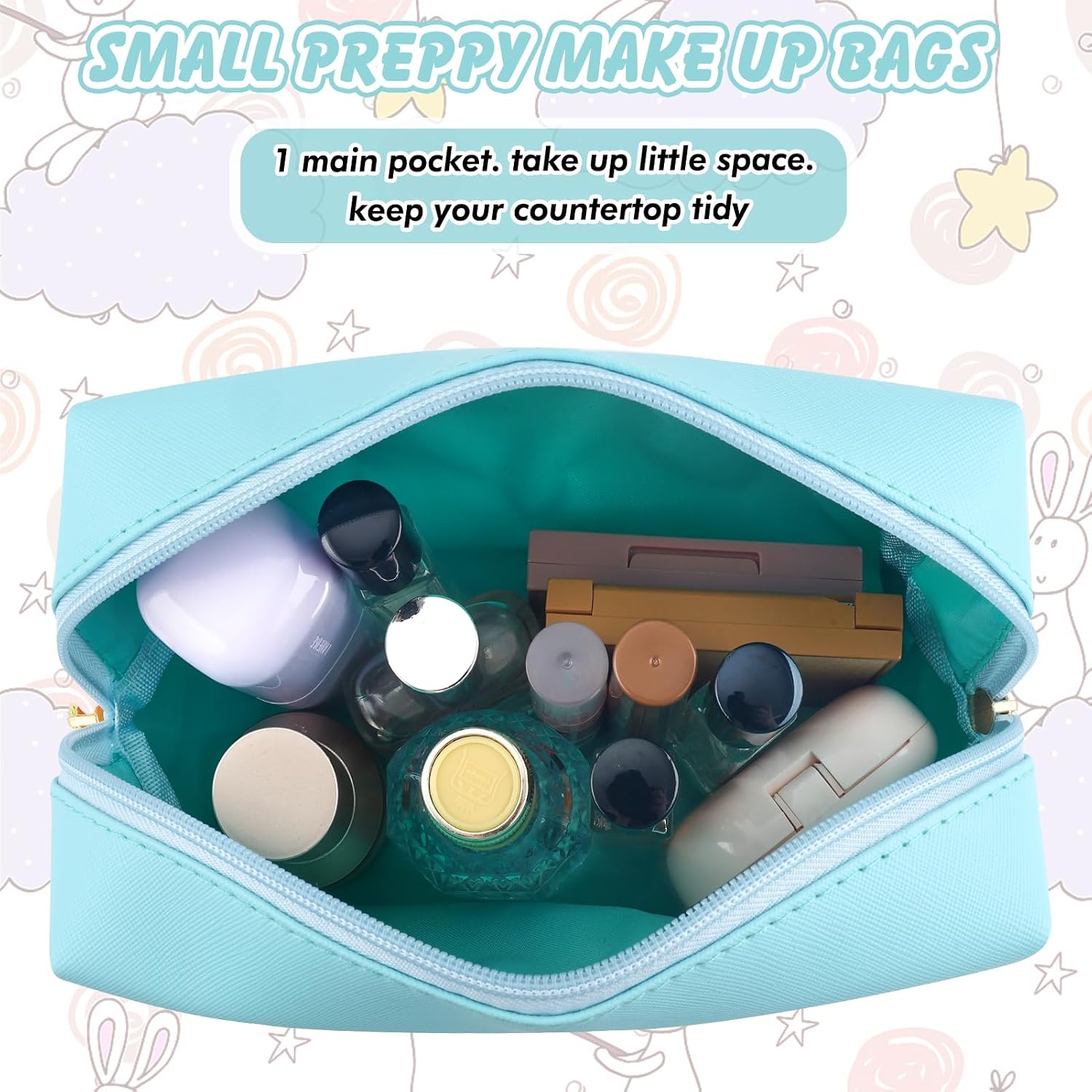URSKYTOUS Gifts for Girls Initial Makeup Bag Personalized Cosmetic Bag with Zipper Cute Travel Toiletry Bag Waterproof PU Preppy Makeup Pouch Birthday Gift for Teen Girls Women(Blue M) image 5