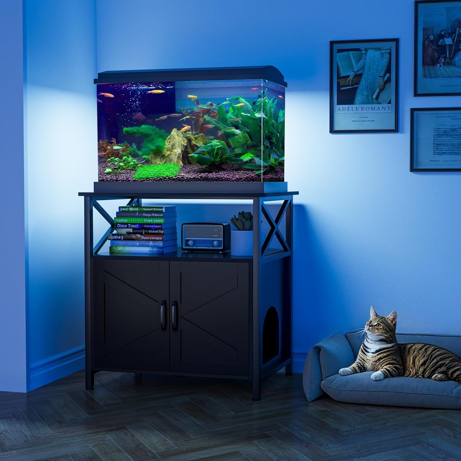 GDLF 20-29 Gallon Cat Fish Tank Stand with Cat Litter Box Enclosure Furniture, Aquarium Terrarium Stand with Shelf Storage,30.7" Lx 17.32" W Tabletop, 330 lbs Capacity, Black
