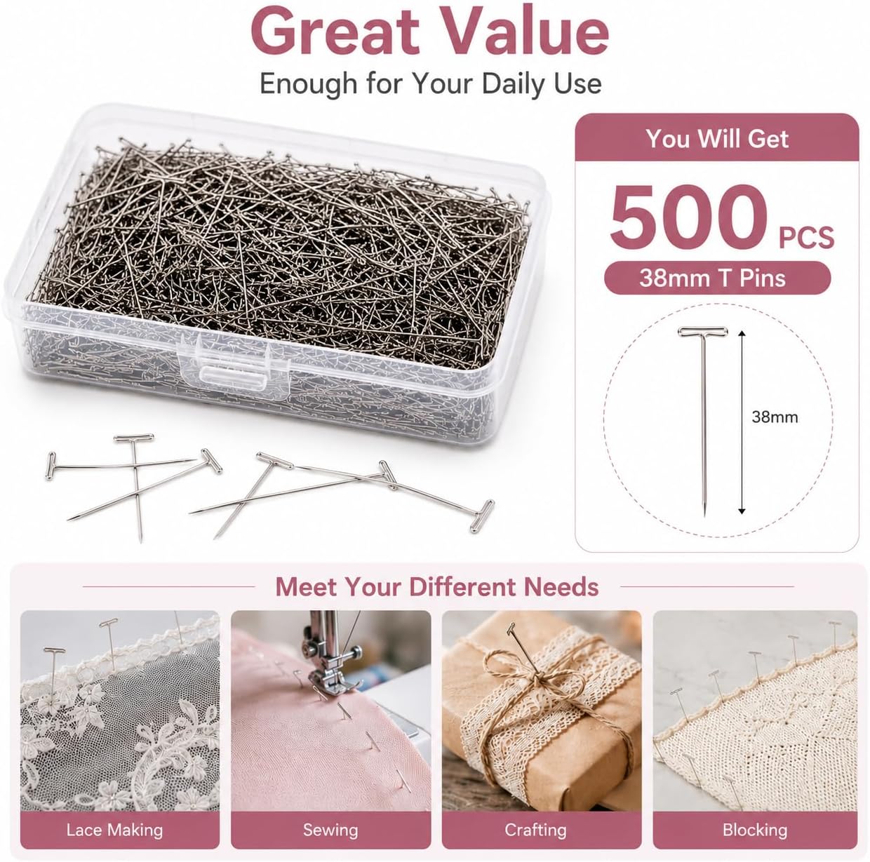 500PCS T Pins for Wigs, 1.5 Inch 38MM Stainless Steel T Pins with Storage Box, Rust Resistant Wig Pins for Lace Wig Styling, Sewing, Crafting, Blocking & Fabric Fixing