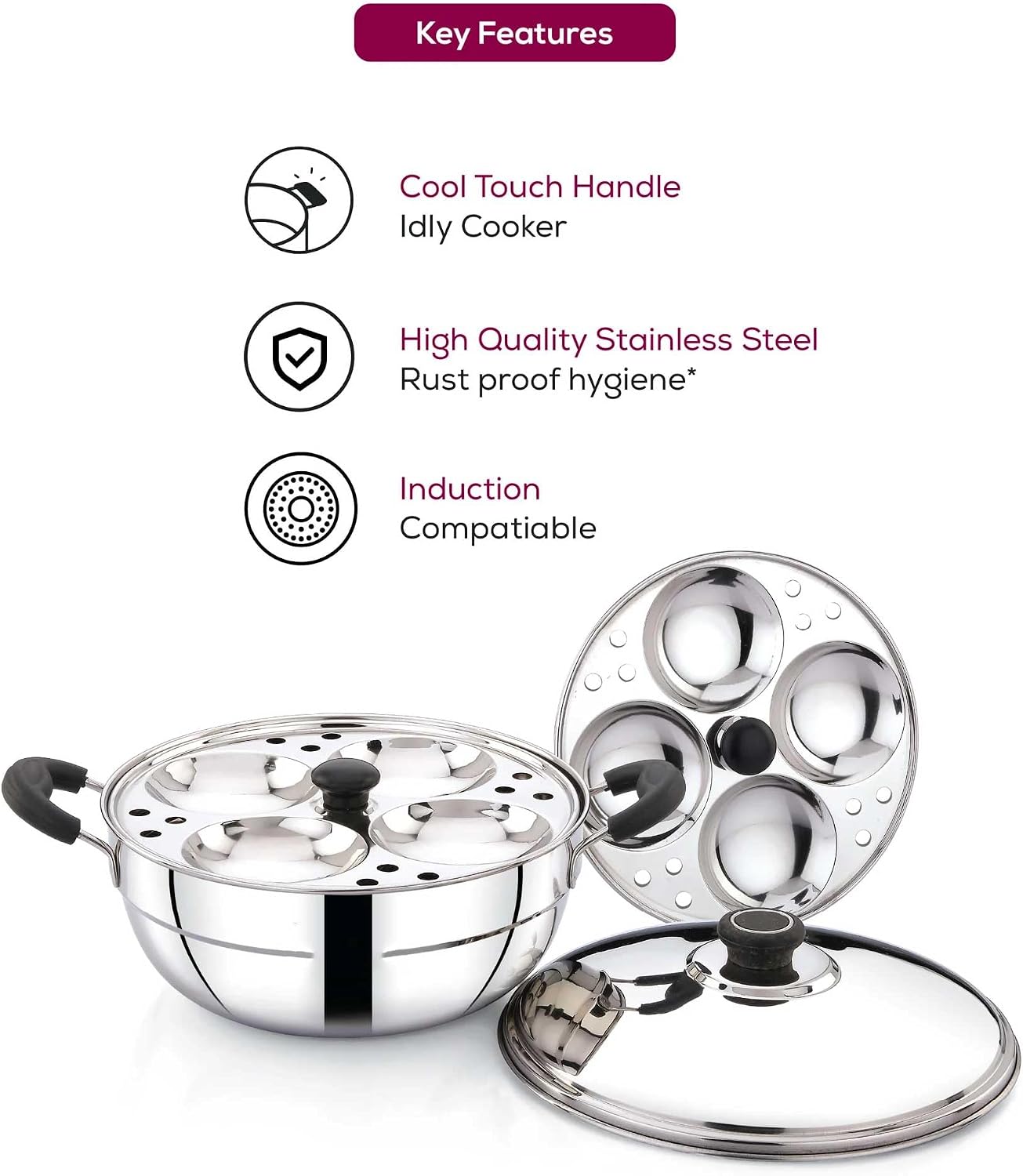 Rasakraft Multi Kadai Idly Maker with Stainless Steel Lid | 8 Idlies | 2 Idli Plates | 2.4 L | Induction Compatible