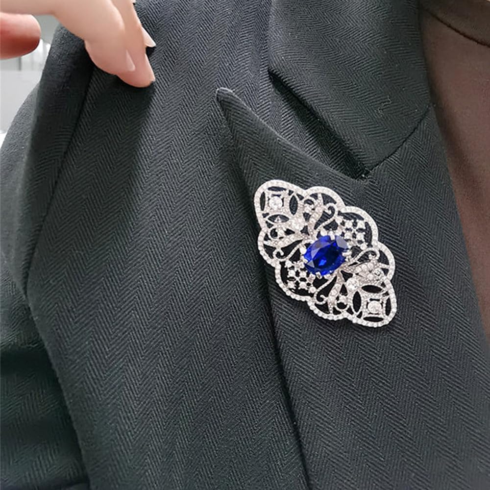 Blue CZ Wedding Brooch Pin for Women Girls Brides Silver-Toned Dainty Mazarine Birthstone Vintage Filigree Geometric Flower Brooches Lapel Pins Hat Tie Bridal Corsage Dress Accessories Birthday Prom Party Jewelry Gift - Image 3