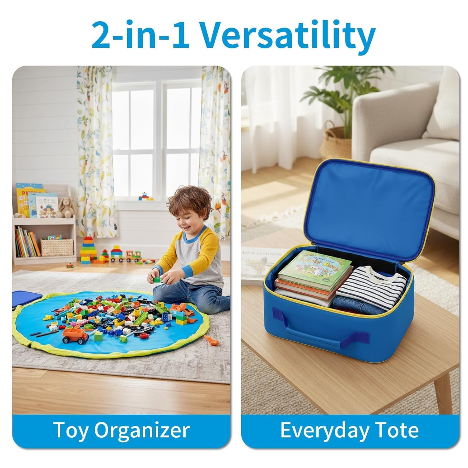 Toy Storage Bag with 45" Play Mat | Quick Cleanup Organizer Box for Lego Building Bricks & Small Toys | Portable Container & Storage Solution for Kids for Playroom | 13.4"x9.1"x4.7 (Blue)