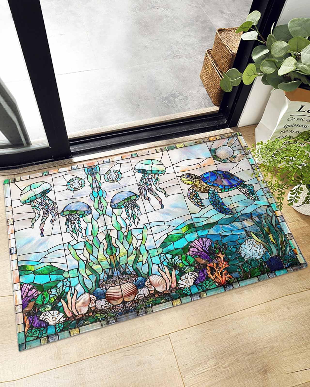 Indoor Doormat Nautical Sea Turtle Jellyfish Coral,Shaggy Floor Mat with Non-Skid Backing Abstract Underwater Creature,Machine Washable Plush Area Rug Carpets for Kitchen Nursery Bedroom