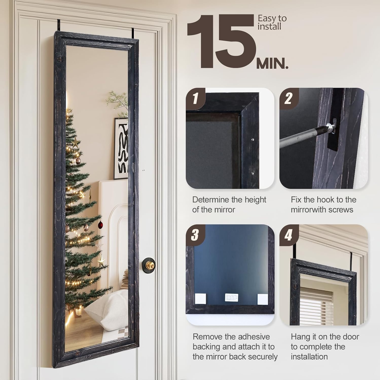 48"x14" Door Mirror, Rustic Full Length Mirror, Over The Door Hanging Mirrors Full Length, Wooden Hanging Mirrors for Bedroom, Bathroom, Black