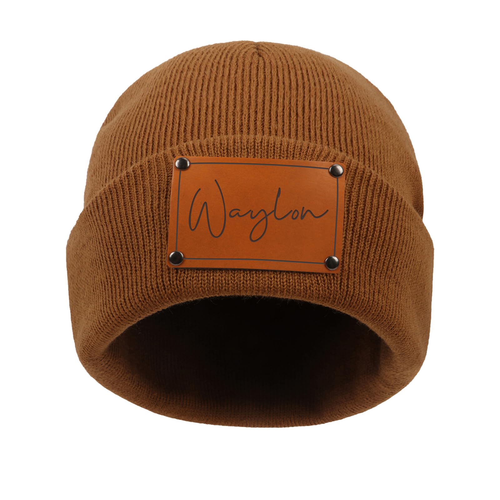 Rucekia Custom Name Baby Hats for Boys Girls, Personalized Leather Patch Beanies for Infants Toddlers Adults, Newborn Winter Knitted Hat Brown