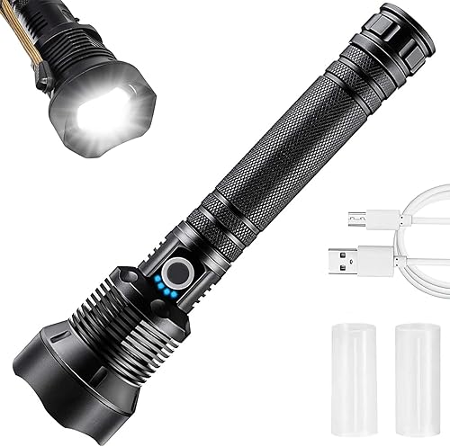 Linternas tácticas recargables de 9000 lúmenes altos, linterna LED súper brillante, 3 modos de linterna con zoom con carga USB, linterna impermeable