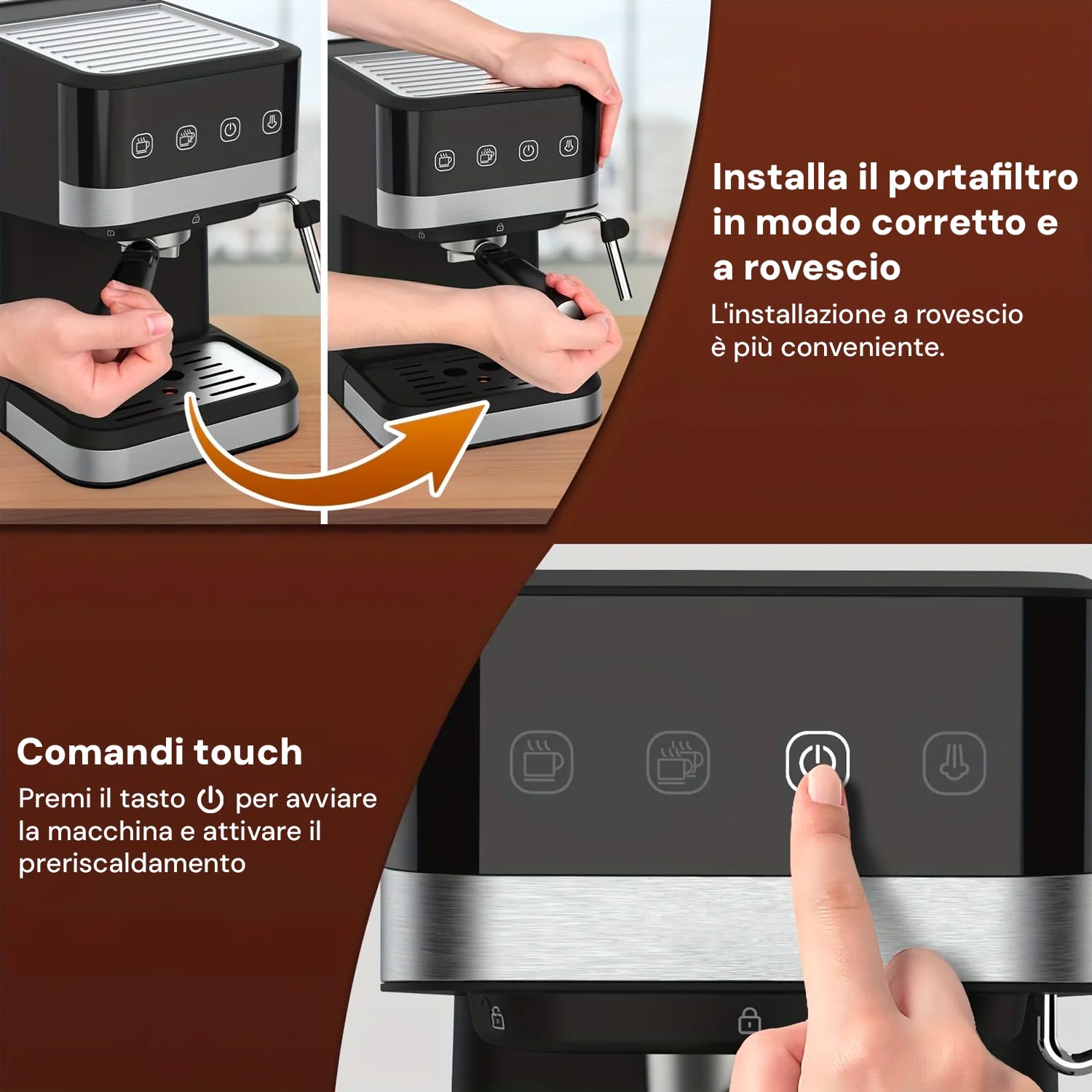 Wintem Macchina del Caffè in Plastica e Acciaio1050W 1,5L in Nero - Doppio Filtro in Metallo - Funzione Montalatte Innovativa - Ugello Vapore Staccabile Pratico e Facile da Pulire