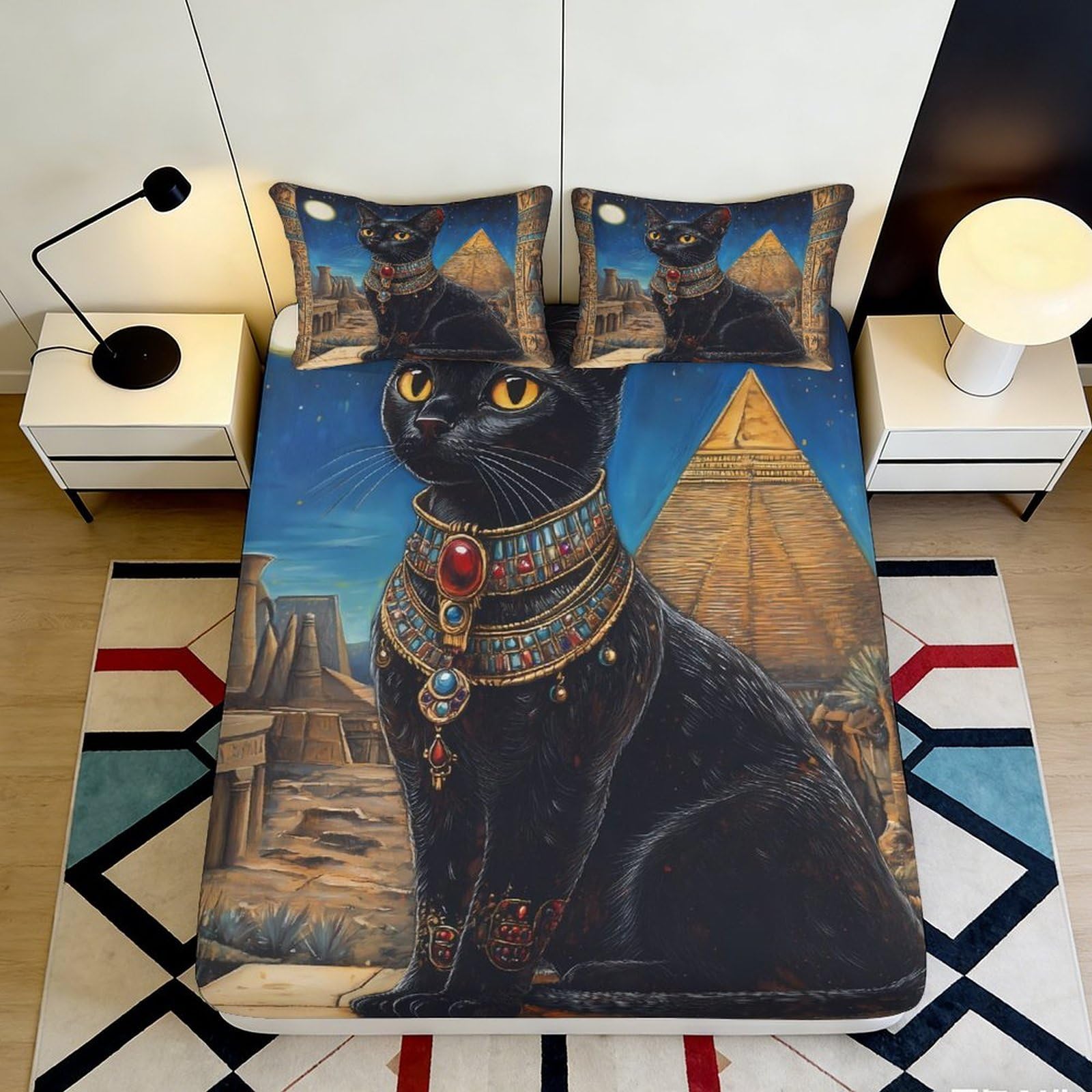 3D Printed Egyptian Black Cat Fitted Sheet Microfiber Soft Durable Ancient Pyramid Bed Cover for Bedroom Dormitory Guest Room Mattress Protection 200x200x25cm