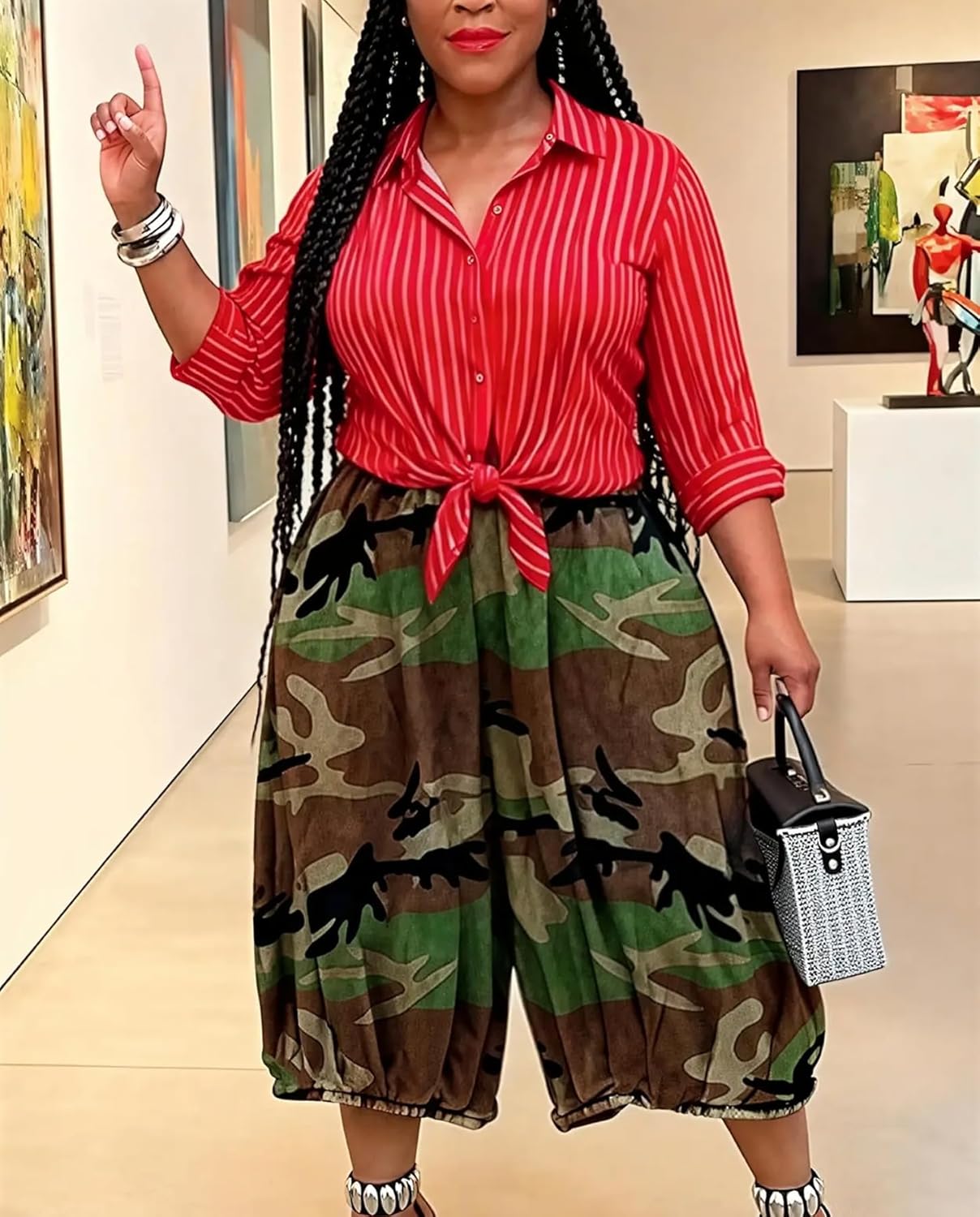 Voghtic Women's Camo Sweatpants Barrel Cropped Elastic Waist Denim Pants Loose Trousers with Pockets - Image 4