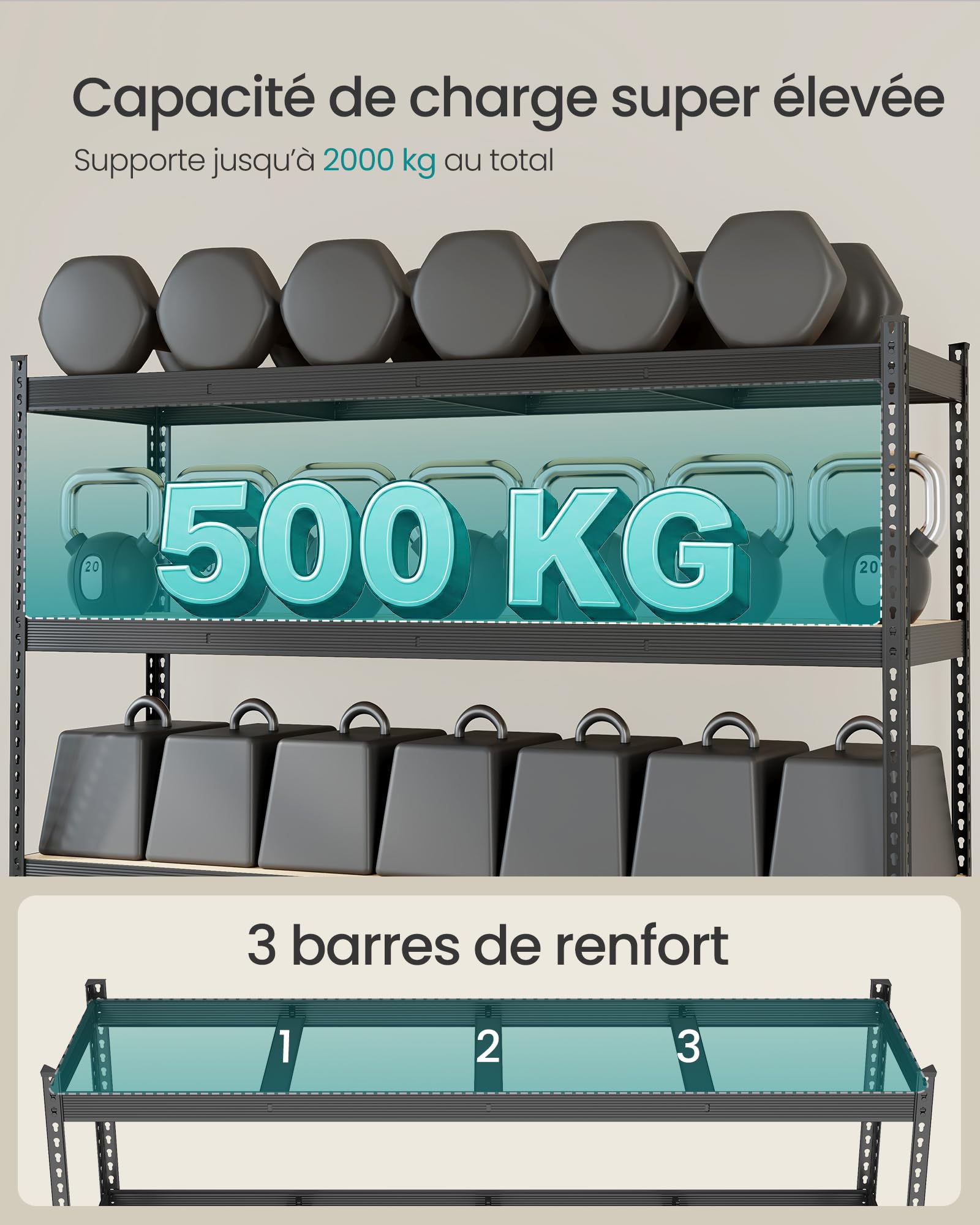SONGMICS Étagère de Rangement Charge Lourde, Étagère de Garage, 4 Niveaux, Charge Jusqu’à 2000 kg, pour Cave, Garage, Entrepôt, Noir d'encre, 60 x 200 x 183 cm, GLR728BZ01