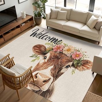 5x7 Area Rugs for Living Room, Cow Flower Garland Washable Rug Rectangular Indoor Carpet Non-Slip, Farm Animal Cottagecore Blooms Floral Low Pile Bathroom Rug Kitchen Runner Rugs for Bedroom