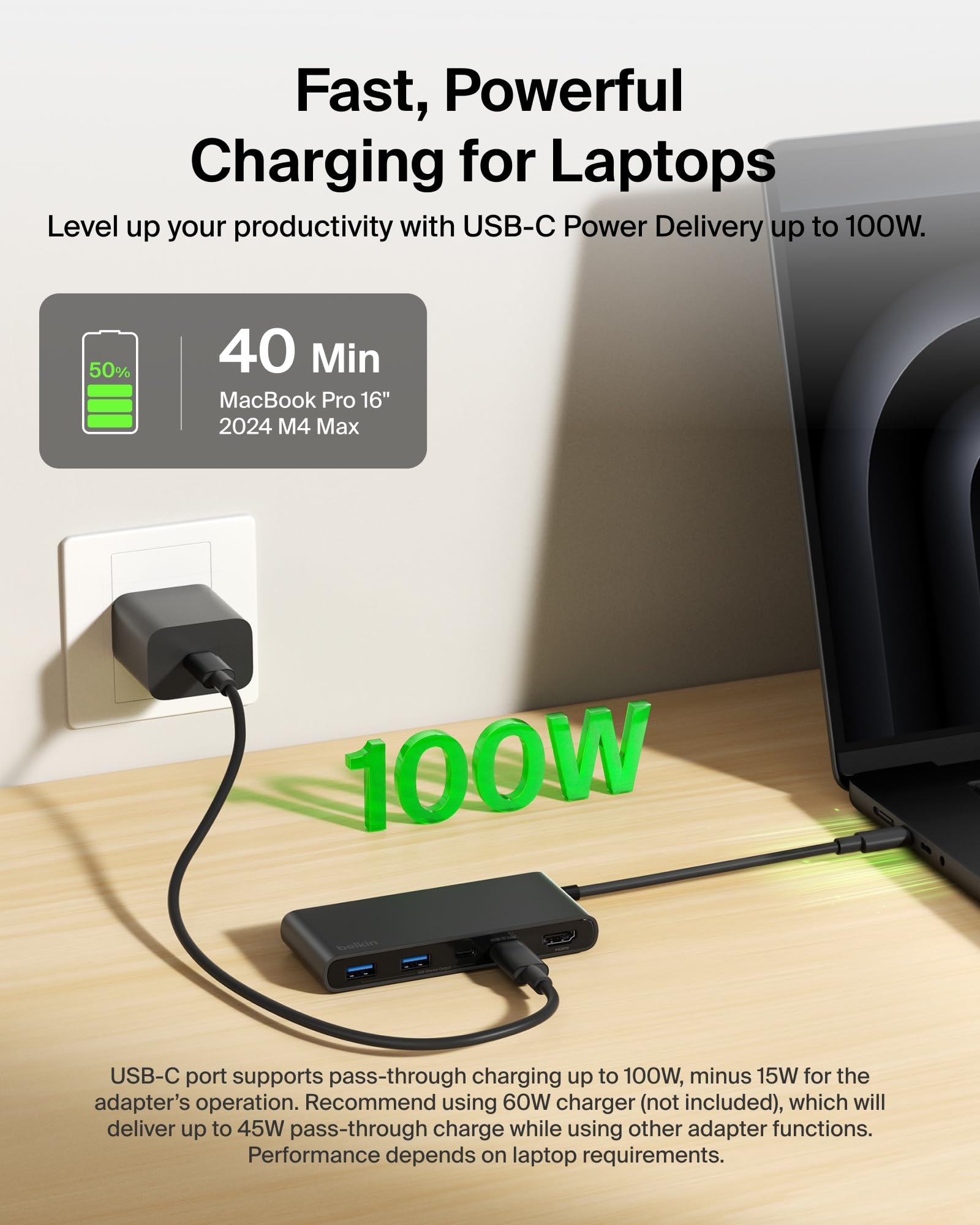 Belkin Hub USB C, concentrador de 7 Puertos con Pantalla HDMI 4K @ 60Hz, SD y MicroSD, Entrega de energía de 100 W, Transferencia de Datos rápida de 5 Gbps, Adaptador multipuerto USB C para MacBook
