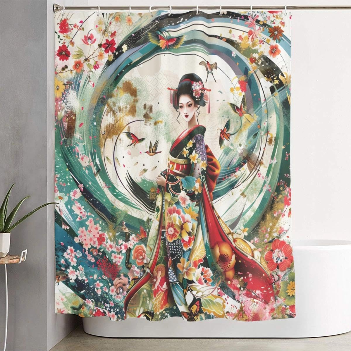 Japanese Geisha Bathroom Set, 4-Piece with Shower Curtain 71x71, Bath Mat, Contour Rug, Toilet Lid Cover, Cherry Blossom Design