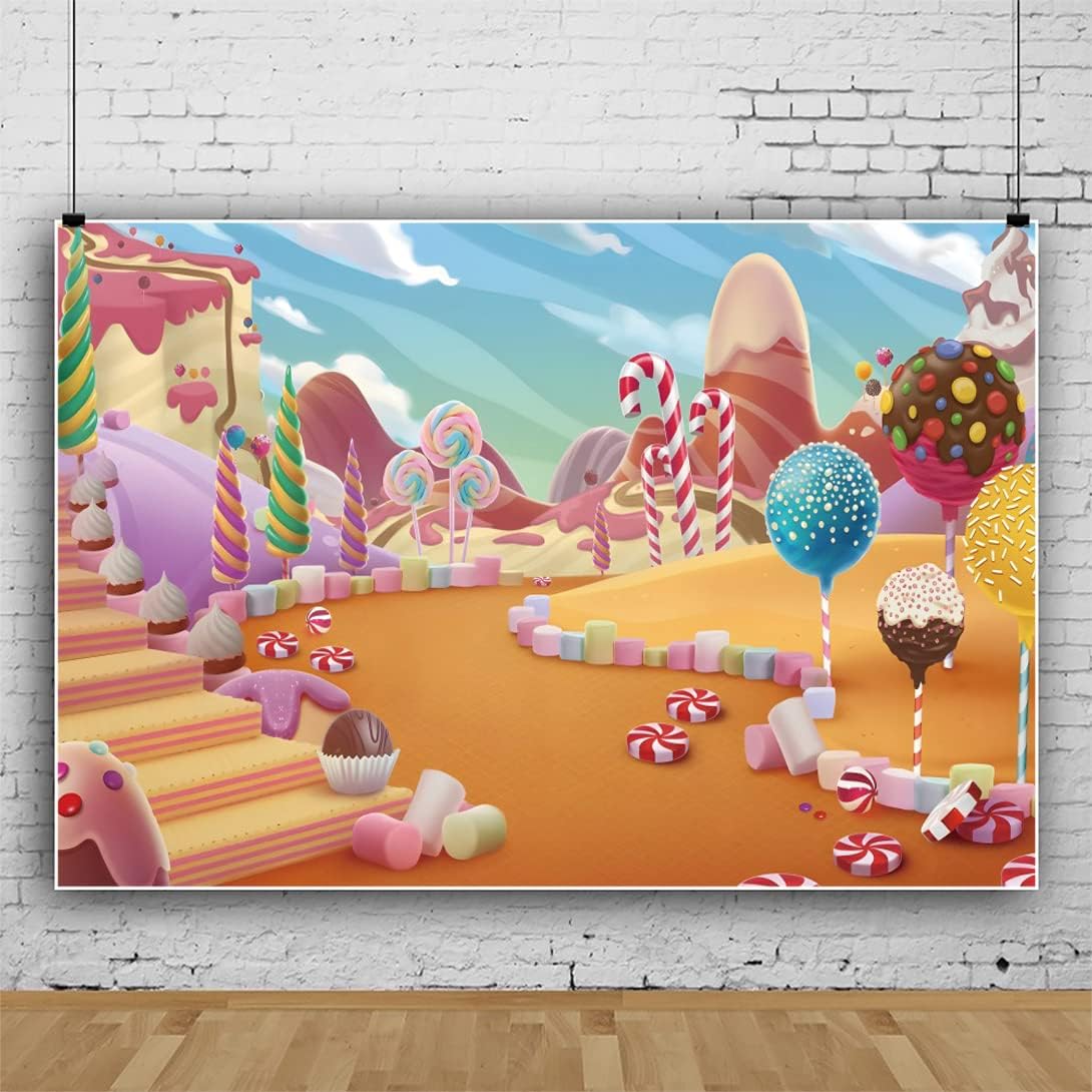 Renaiss 7x5ft Lollipop Candyland Backdrop Cartoon Cake Mountain Biscuit Staircase Fantasy Candy Photography Background for Sweet Candy Theme Birthday Party Baby Shower Decoration Photo Booth Props