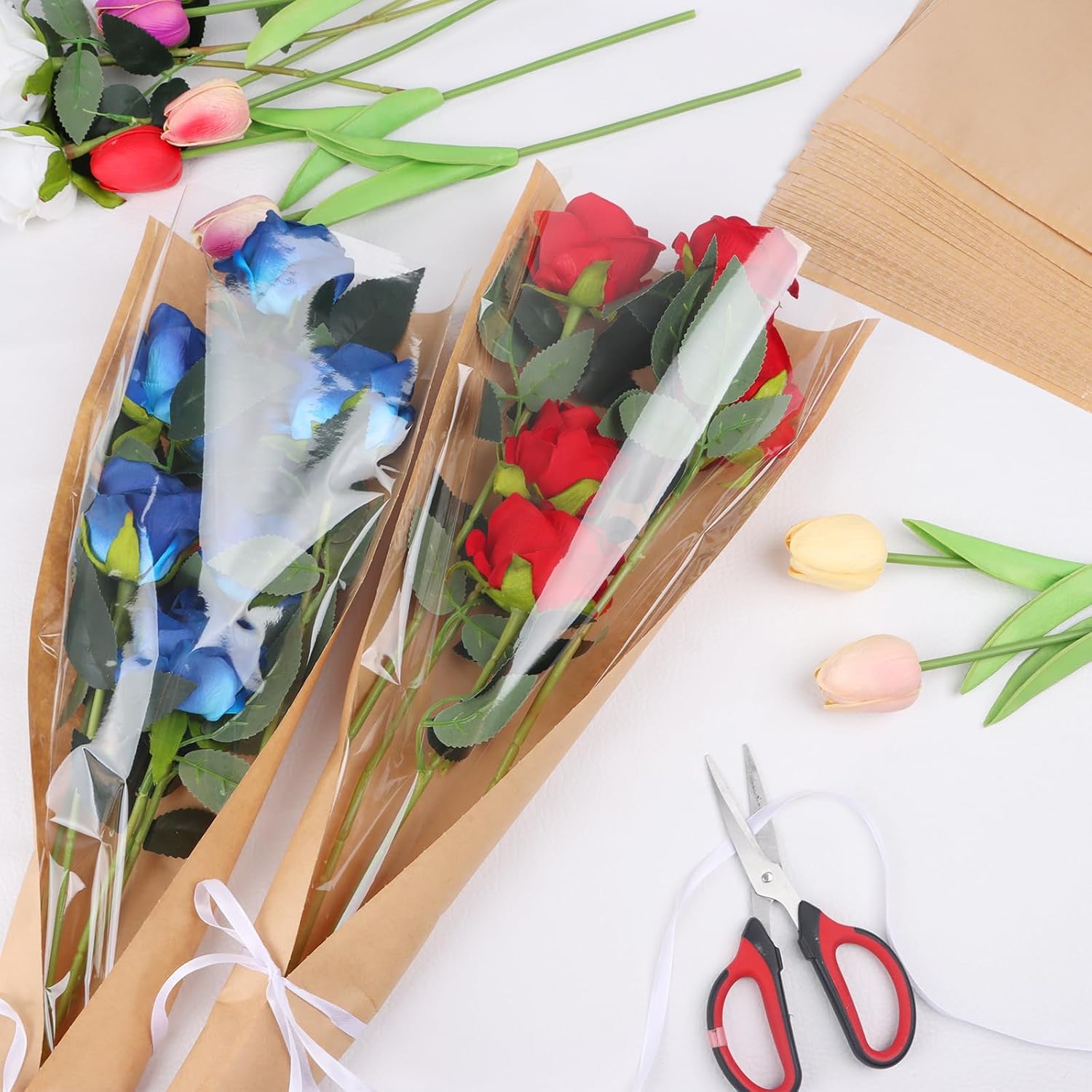 KIMOBER 50PCS Flower Bouquet Bags, Clear Cellophane Floral Sleeve with Ribbon, 24.8 * 8.7 Inches, Wedding, Birthday, Mother's Day, Multiple Special Occasions