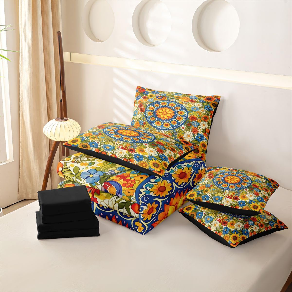 Homewish Set copripiumino king size con motivo floreale bohémien, 7 pezzi