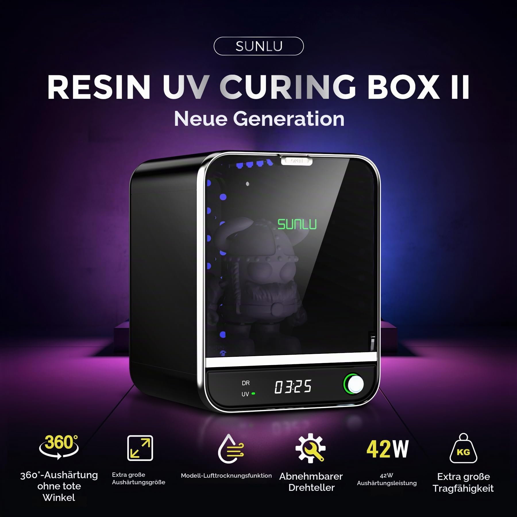 SUNLU Resin UV-Härtungsbox II, Abnehmbarer Drehteller, Große Größe, 42W Leistung Schnelle Aushärtung, All-in-One, keine Installation, 405 nm UV-Lichthärtungsgerät für 3D-Harzdrucker