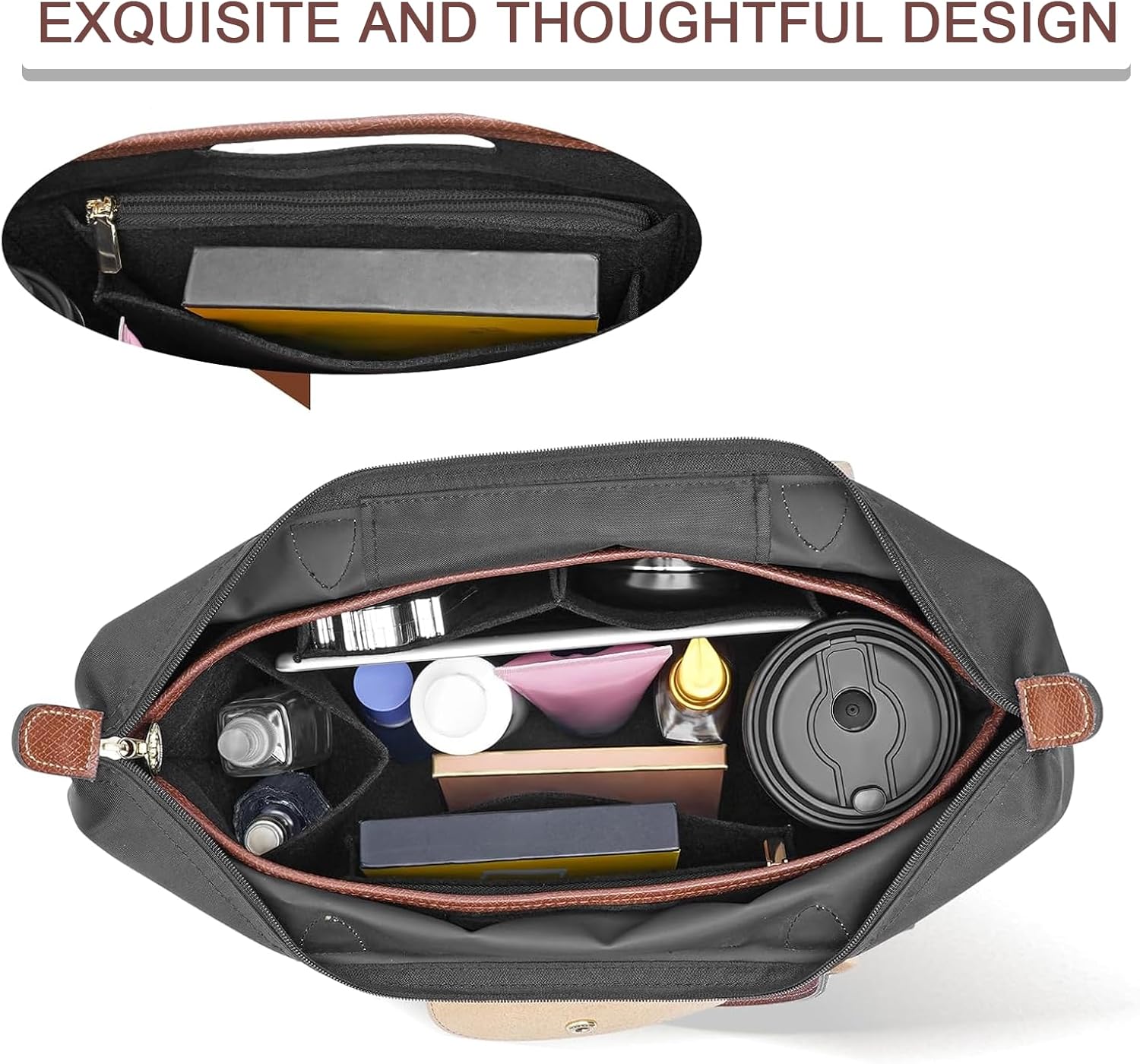 Felt Purse Organizer Insert for Longchamp Le Pliage L Bag Handbag Leather edge Longchamp Organizer Insert (Black, Large) - Image 6