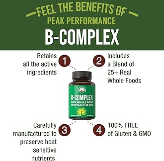 Vitamin B Complex Capsules + Whole Food Blend of 25 Vegetables and Fruits for Max Absorption. Best Vegan B-Complex Supplement with Vitamin B1, B2, B3, B5, B6, B7, B9 and B12. 90 Capsules. Energy Boost