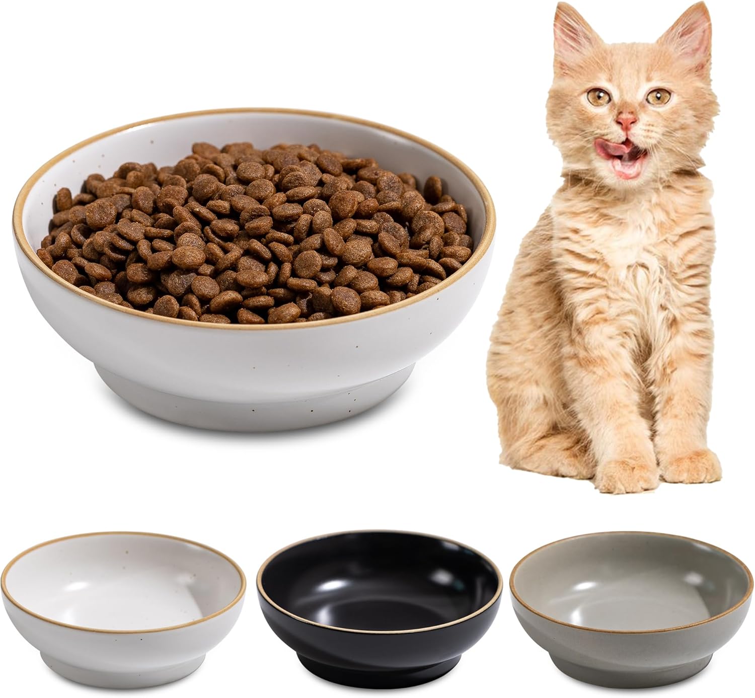 Cat Bowl 3 Pack, Pet Plate, Premium Ceramic Food Grade Pet Bowl Suitable for Dry and Wet Food, 5 in Feeding Indoor Cats, Kittens and Small Dogs, Dishwasher Safe (Black White Gray)