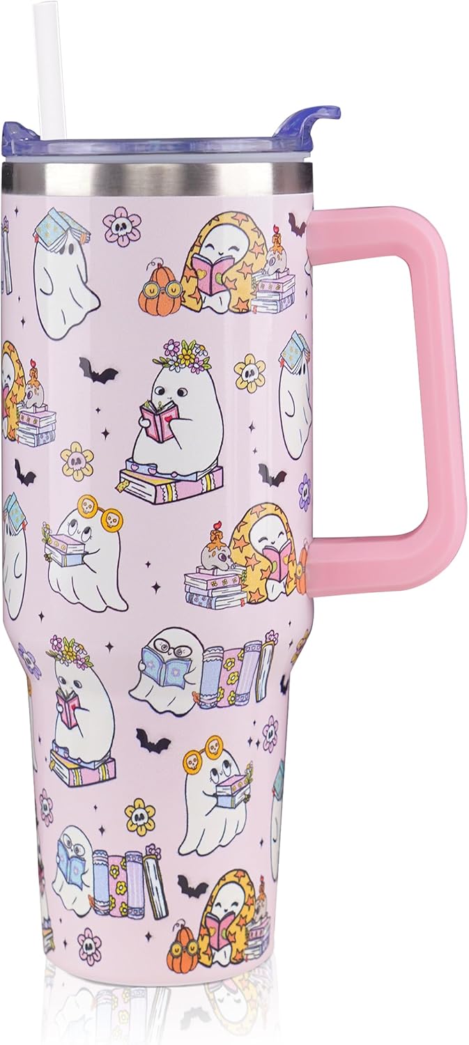 ZNYYZYBA 40 oz Halloween Tumbler with Lid and Straw, Stainless Steel Insulated Ghost Reading Book Tumbler 40 oz, Reusable Ghost Cup with Leak Proof Lid, Halloween Gifts for Women