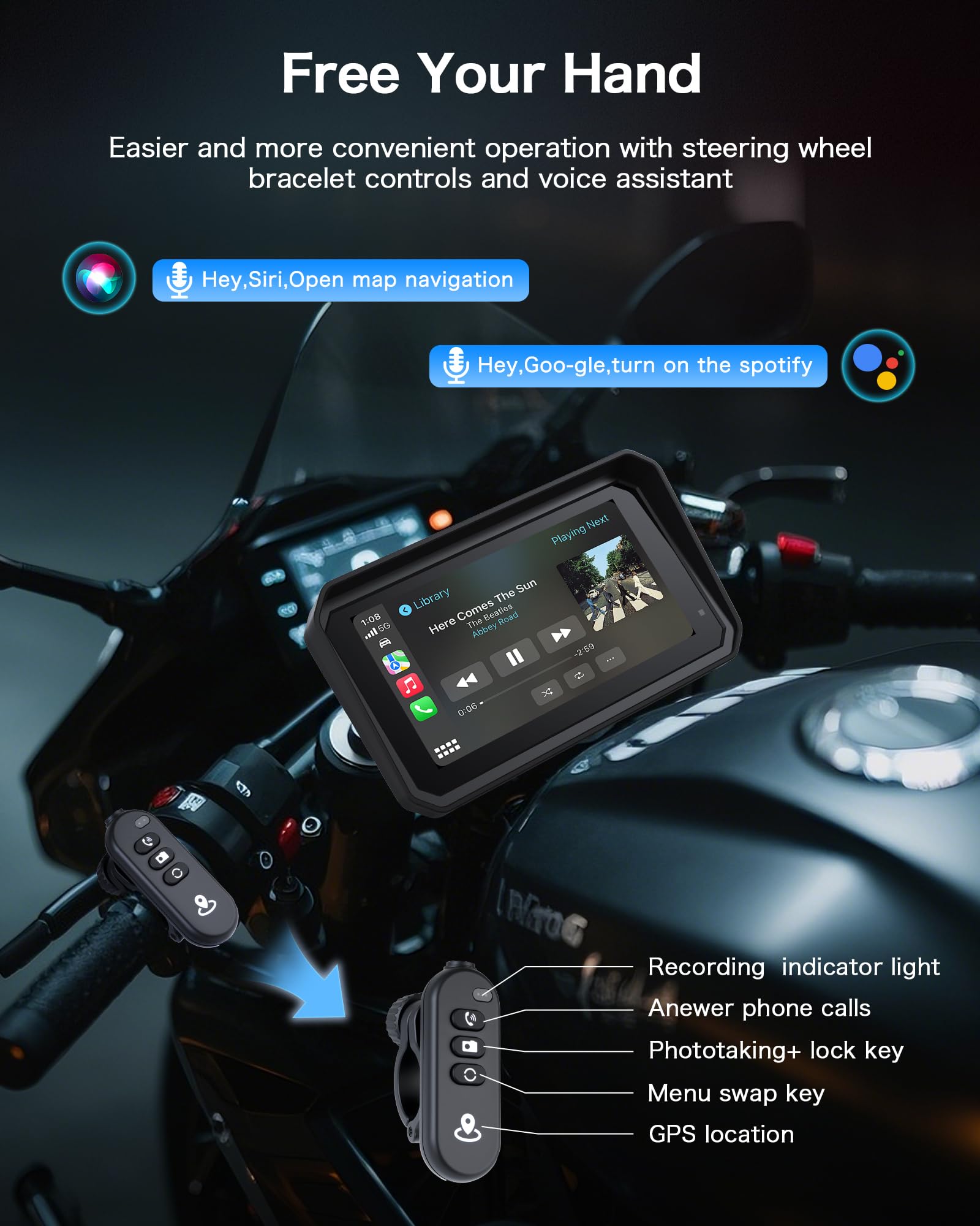 Jansite 4K Motorrad CarPlay Android Auto 6,25 Zoll Motorrad Navi mit Dashcam Vorne Hinten, IP67 Wasserdicht Bildschirm, Dual-Bluetooth,Siri/G-oogle Assistant