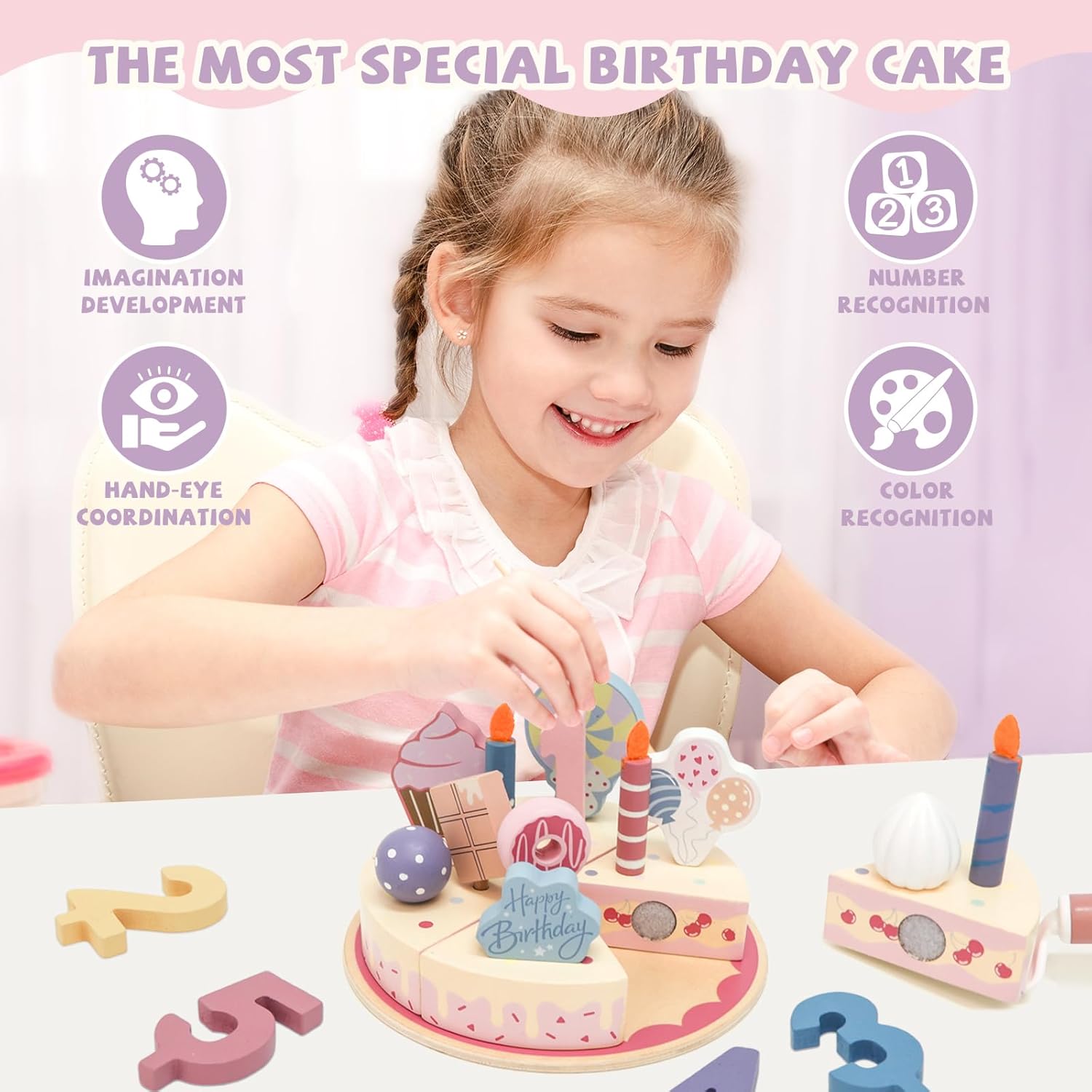 Wooden Birthday Party Cake Pretend Play Food Set for Kids,Fake Cake with Candles and Numbers,Play Kitchen Accessories Party Gift Birthday Gifts Boys Girls Educational Toys for Toddlers 1-3