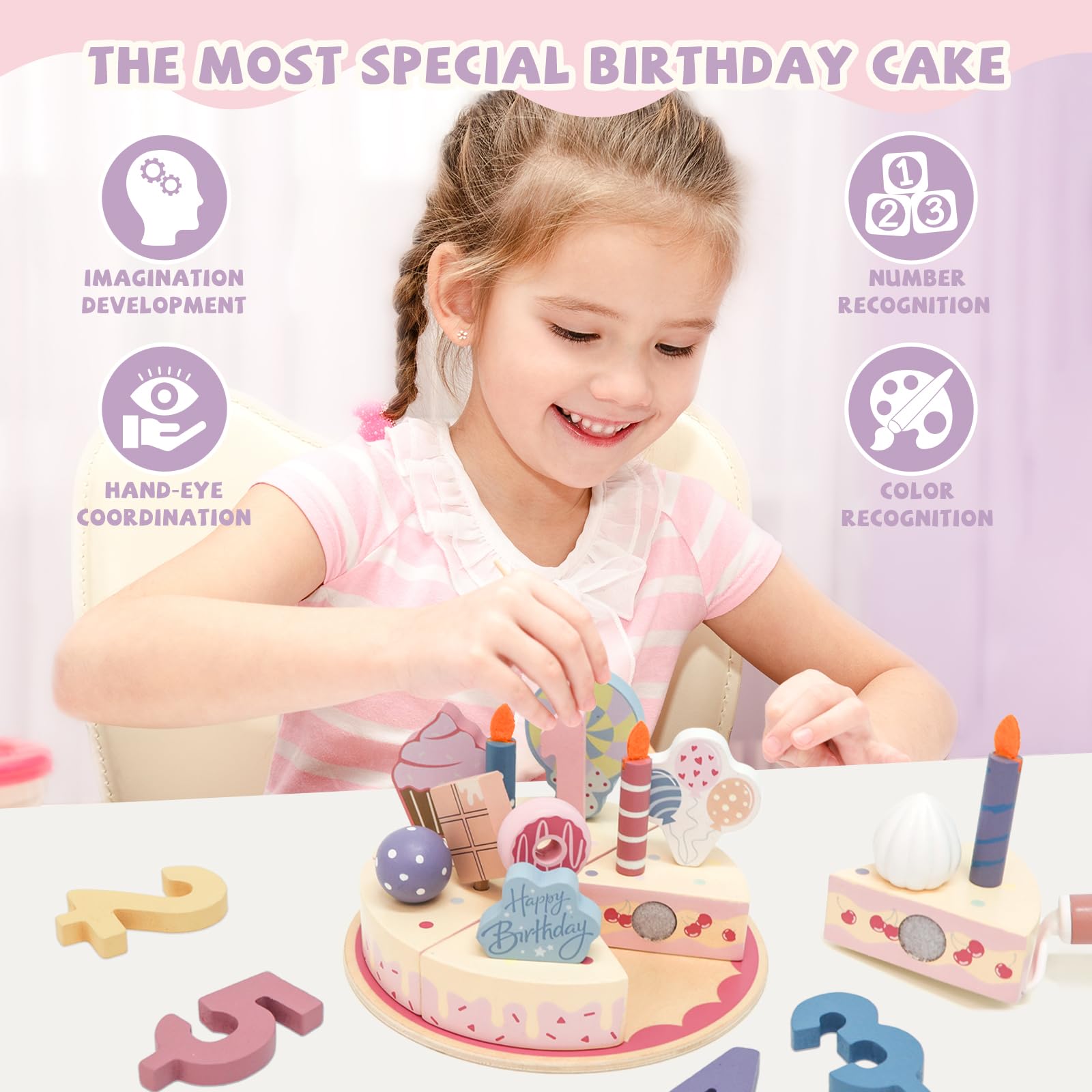Torta finta di compleanno in legno con candele e numeri, set di torte giocattolo per bambini, torta di compleanno per giochi di finta, giocattoli regalo di compleanno per ragazzi e ragazze