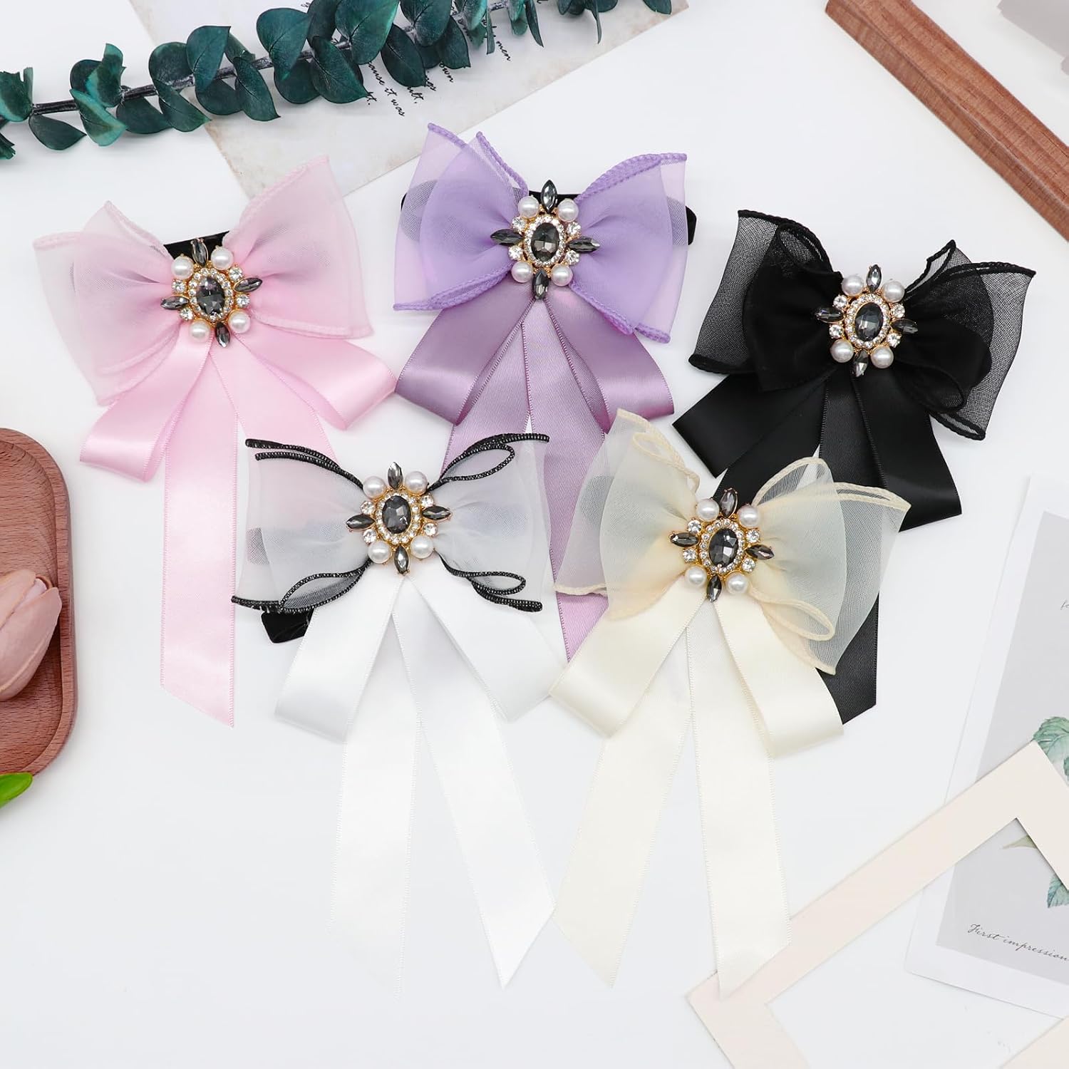 Rhinestone Bow Ties for Women, Adjustable Pre-Tied Ribbon Bow Ties Pearl Womens Bowties for Wedding Banquet Party