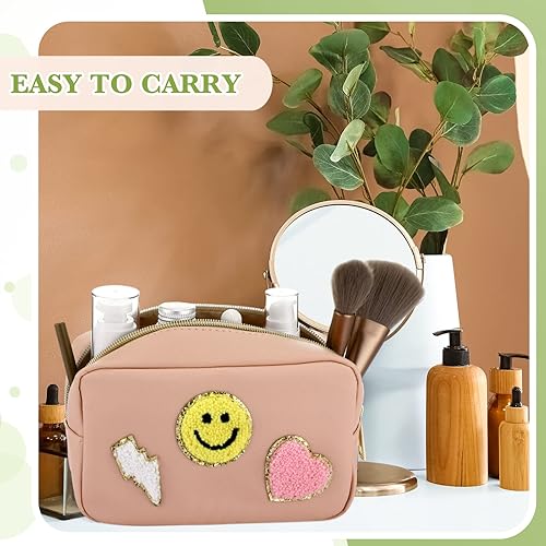 Miniatura 3 de Sanwuta Bolsa de chenilla para maquillaje, bolsa de maquillaje, con letras de chenilla, bolsa de aseo de piel sintética, impermeable, portátil,