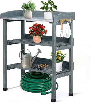 Outdoor Garden Potting Bench Table, Wooden Germination Table Planting Work Station with Metal Tabletop, 2 Storage Shelves, 3 Hooks, 74 * 36 * 90CM, Grey