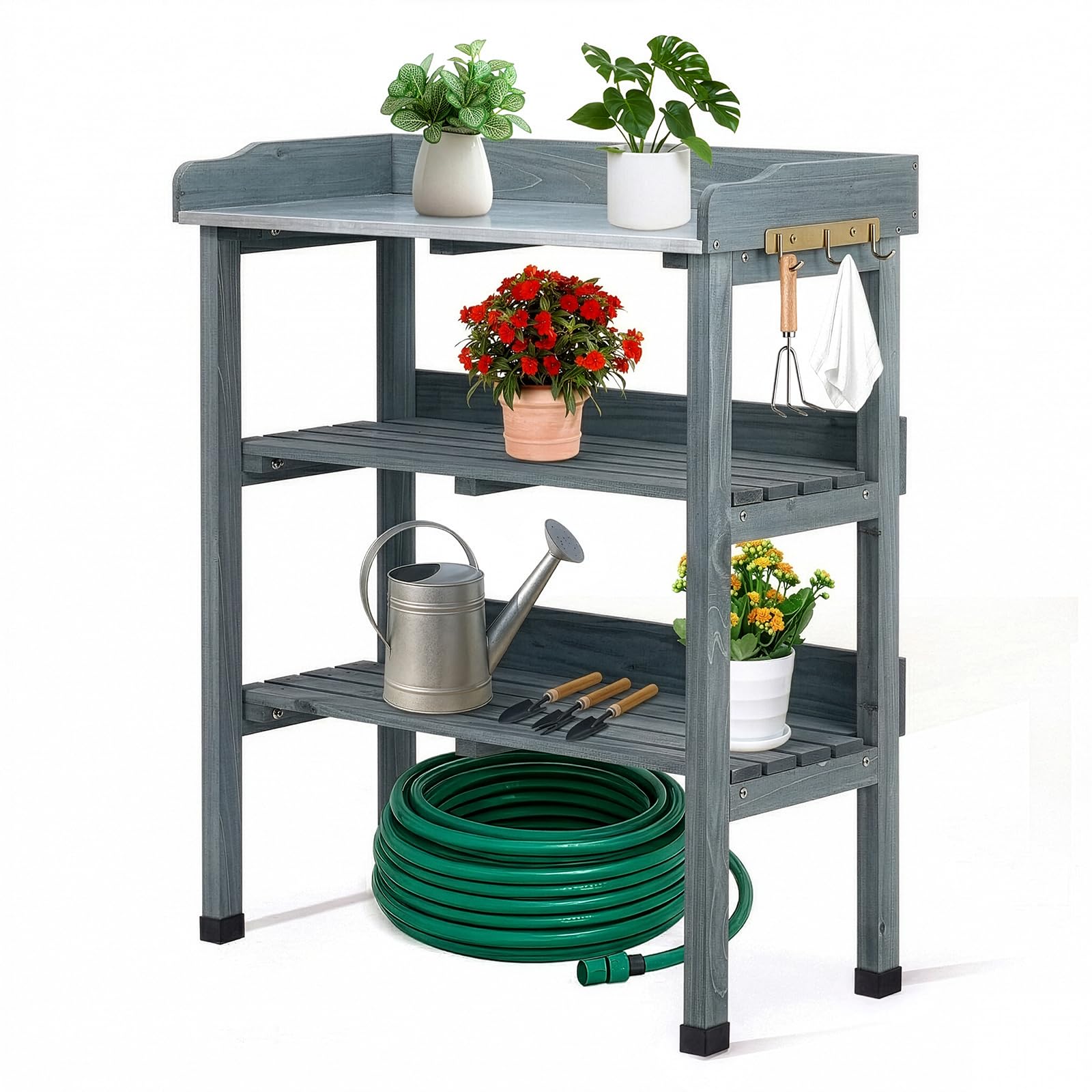 LEADZM Pflanztisch Outdoor wetterfest 74 x 36 x 90 cm - Verzinkte Arbeitsplatte, zweistufiges Regal und 3 Haken, pflanztisch für Garten/Balkon/Terrasse (Grau)