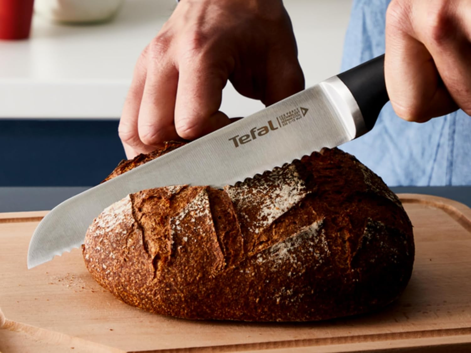 Tefal Wooden Knife Block 5pc Set- Ice Force Knives, German Stainless Steel & Premium Design - Bread 20 cm | Chef 20 cm | Santoku 18 cm | Utility 11 cm | Paring 9 cm - K232S574