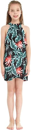 Girl Hawaiian Butterfly Dress in Palm Green Leaf | Sleeveless Hawaiian high-low sundress for girls; soft rayon, easy pull-on, machine washable; luau, beach, vacation, parties
