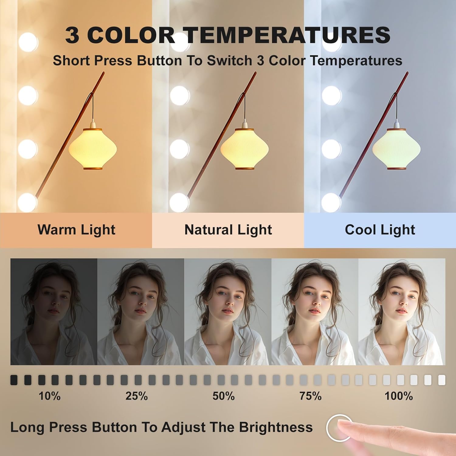 Hasipu 67" x 24" Hollywood LED Mirror, Tempered Glass with Stand & Wall Mount, Dimming & 3 Color Modes - UL Listed - White