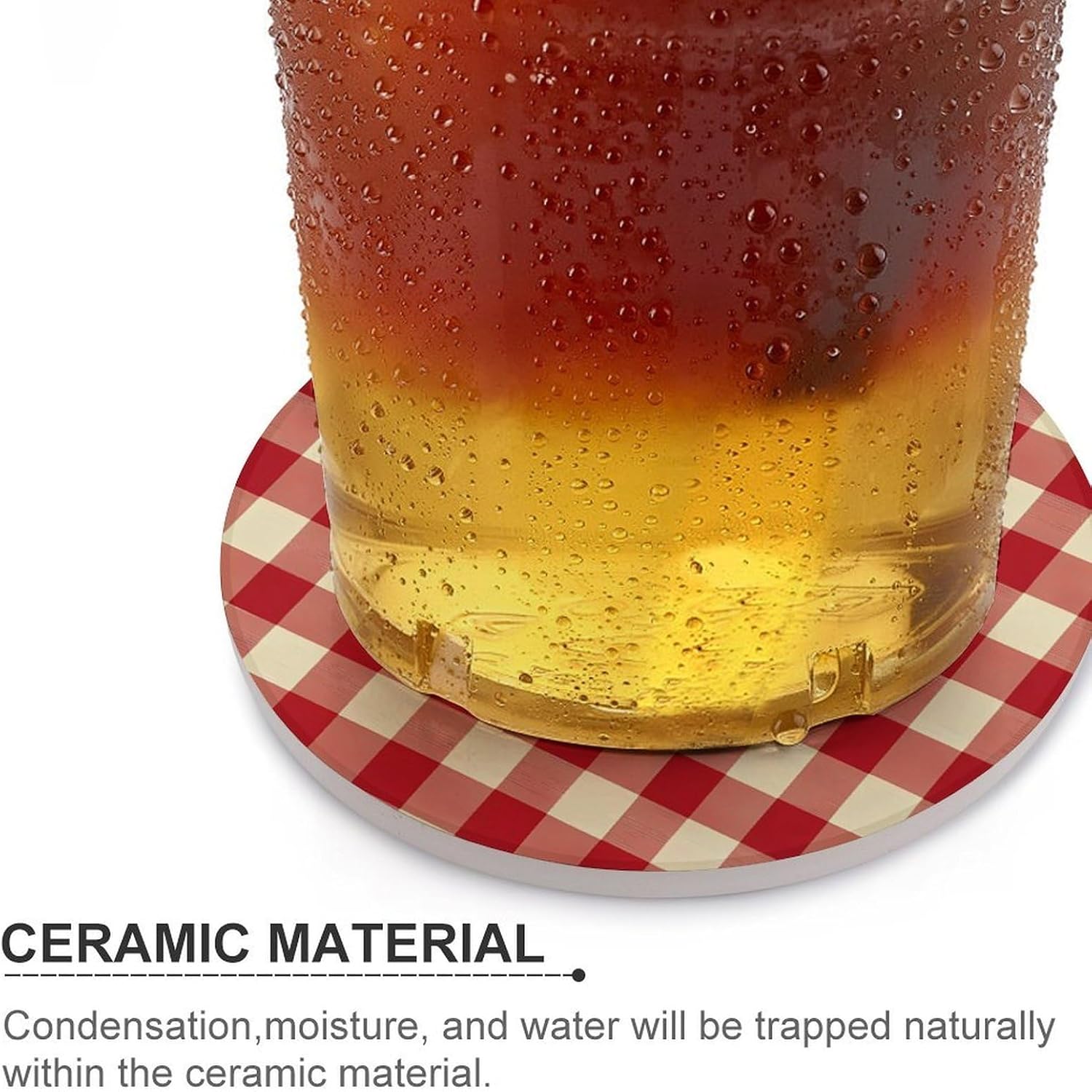 Red Checkered Round Ceramic Coasters Print Drinks Absorbent with Cork Base for Home Decor Gifts 4 Inch