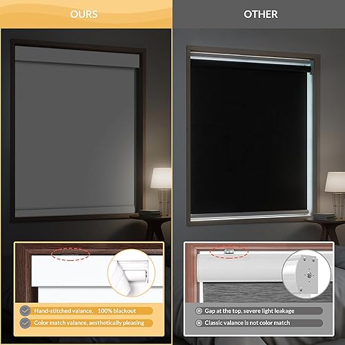 Vista 6 de Boolegon Persianas enrollables opacas sin cordones para ventanas, cortinas de lino de parada libre con cenefa, tela con aislamiento térmico, Negro