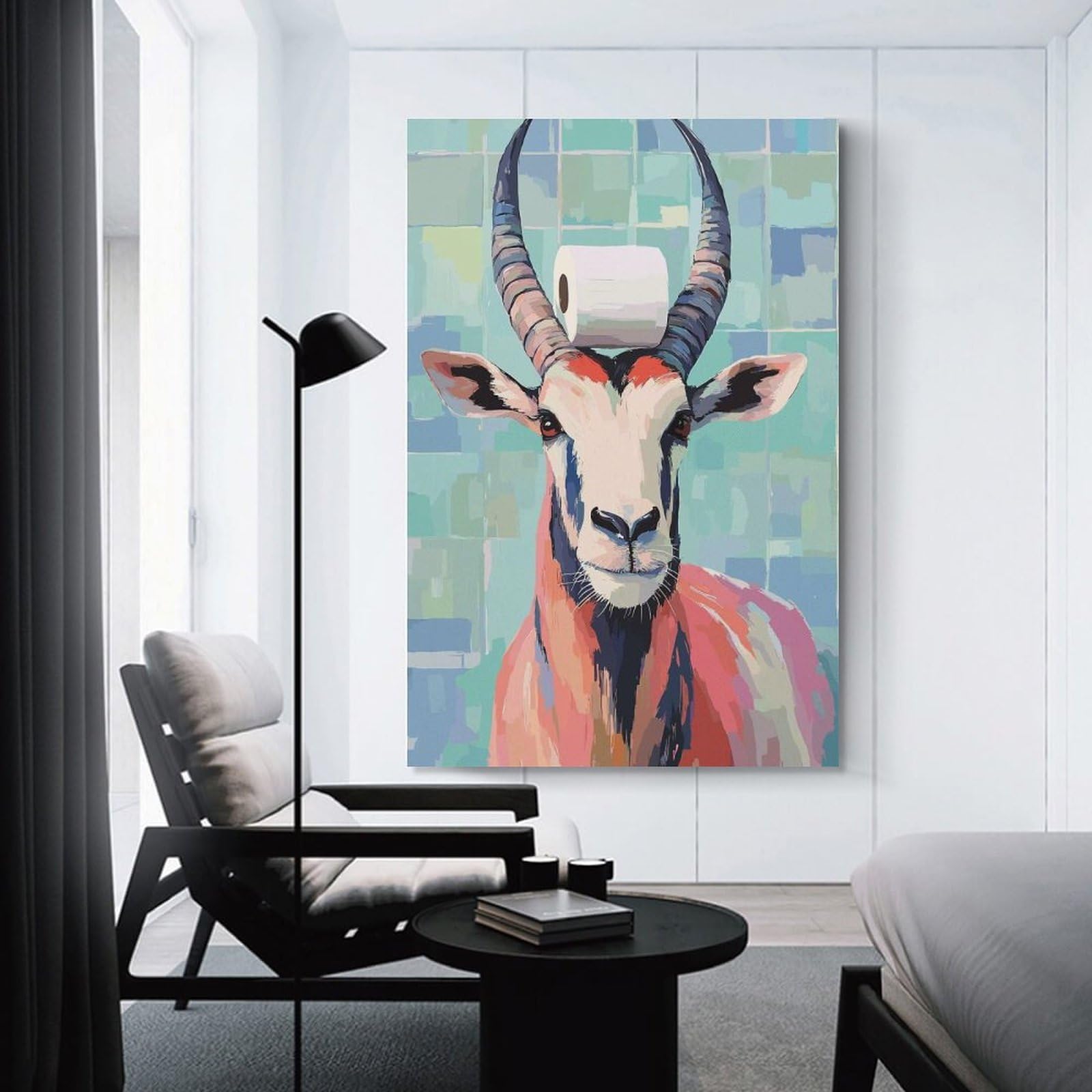 Junmoney Unframe-Style-2 Antelope With Toilet Paper On Horns Canvas Wall Art 12X18inch(30X45cm), For Workspace Walls, Study Corners Or Bedrooms, Wall Art That Adds Style To Work Areas